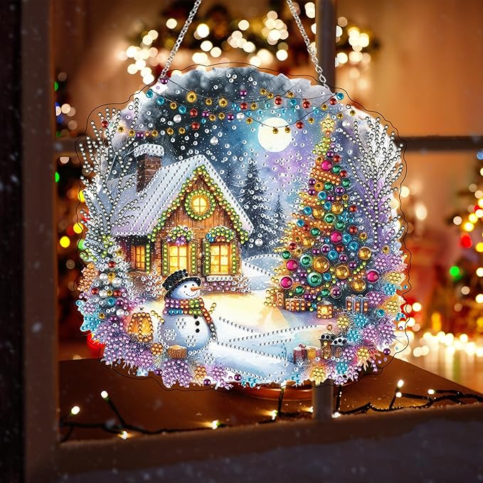 JJFox DIY Acrylic Diamond Art Painting Wreath Kits Special Shaped Rhinestone Diamond Art Window Pendants Home Garden Wall Hanging Kits Hanging Ornament (Christmas)