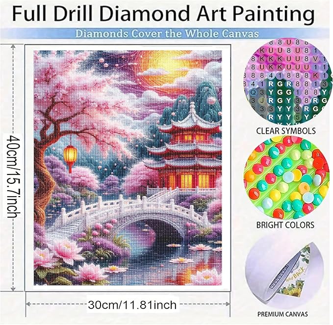 KUFWKEY Landscape DIY Diamond Painting Kit, Japanese Garden Scene Diamond Art Kits for Adults,5D Full Round Drill Diamond Mosaic Kits,DIY Diamond Dots for Beginners,12x16 inch