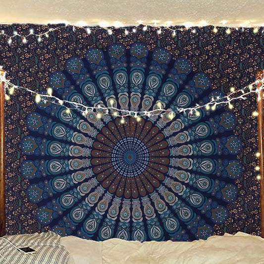 bless international handmade indian hippie bohemian psychedelic peacock mandala wall hanging college dorm beach throws table cloth bedding tapestry (blue green, queen(84x90inches)(215x230cms))