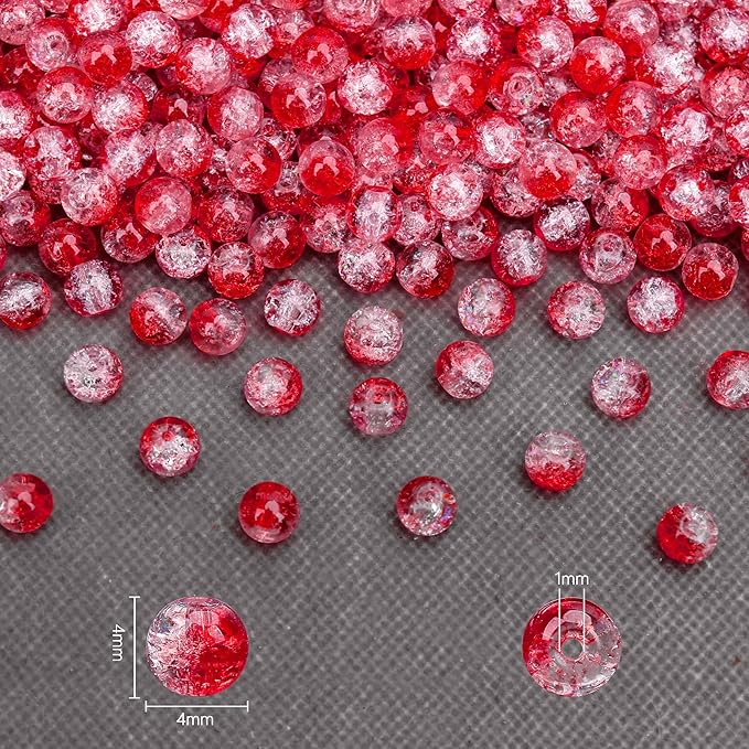 400PCs 4mm Red Crackle Glass Beads Bulk, Round Smooth Hole Glass Crystal Beads for Jewelry Making, DIY Bracelets, Necklaces, Bag Charms, Keychains and Craft Projects