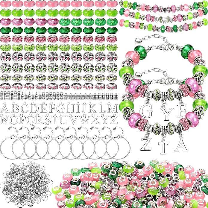 Batiyeer 237 Pcs Sorority Gifts for Women, DIY Sister Pink and Green Bracelets Making Kit, Paraphernalia Sorority Gifts for Women Sister Lady Greek Crystal Charm Sparkling Dress Accessory