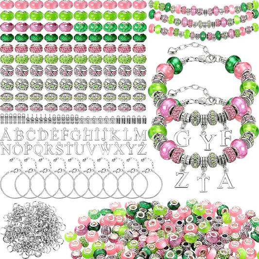Batiyeer 237 Pcs Sorority Gifts for Women, DIY Sister Pink and Green Bracelets Making Kit, Paraphernalia Sorority Gifts for Women Sister Lady Greek Crystal Charm Sparkling Dress Accessory