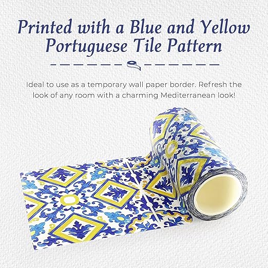 Serenity Fair Washi Tape – Mediterranean Tile Pattern, Extra Wide 4 Inch Scrapbook Supplies for Scrapbooking, Journaling, Stickers, Craft Paper, and DIY Scrapbook Tape Roll (Portuguese Yellow Blue)