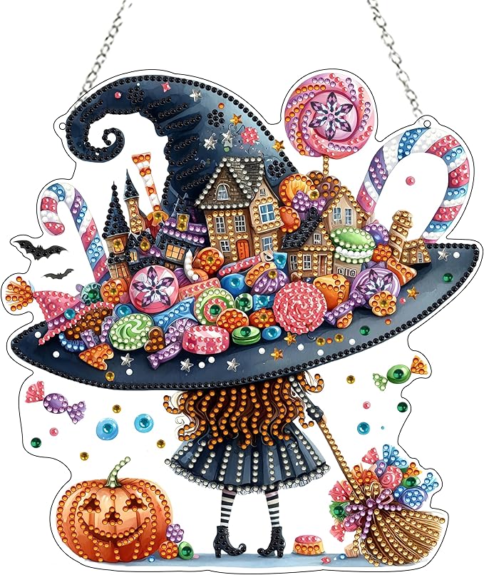 JJFox Diamond Art Hanging Kit for Adult,Special Shaped Rhinestone,DIY Acrylic 5D Diamond Art Painting Window Pendants Home Garden Wall Hanging Kits Hanging Ornament (Candy Witch)