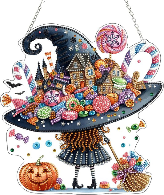 JJFox Diamond Art Hanging Kit for Adult,Special Shaped Rhinestone,DIY Acrylic 5D Diamond Art Painting Window Pendants Home Garden Wall Hanging Kits Hanging Ornament (Candy Witch)