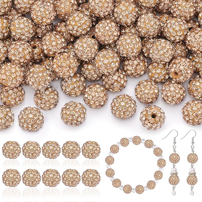 160pcs 10mm rhinestone beads for jewelry making, light brown shiny round disco ball beads bulk, sparkle crystal clay christmas for bracelet baseball necklace earring crafting and diy