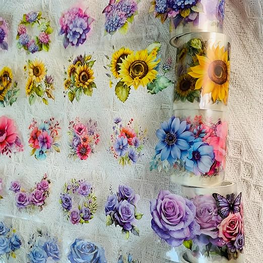 Koolemon 6Rolls Pre-Cut Floral Tape, Decorative Tape PET Flower Stickers for Crafts Journaling Scrapbook Supplies