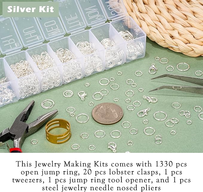 1350pcs Open Jump Rings Lobster Clasps Set Jewelry Pliers,Tweezers and Jump Rings Tool Opener for DIY Earring Bracelet Necklace Extender Chains Jewelry Making (Silver)