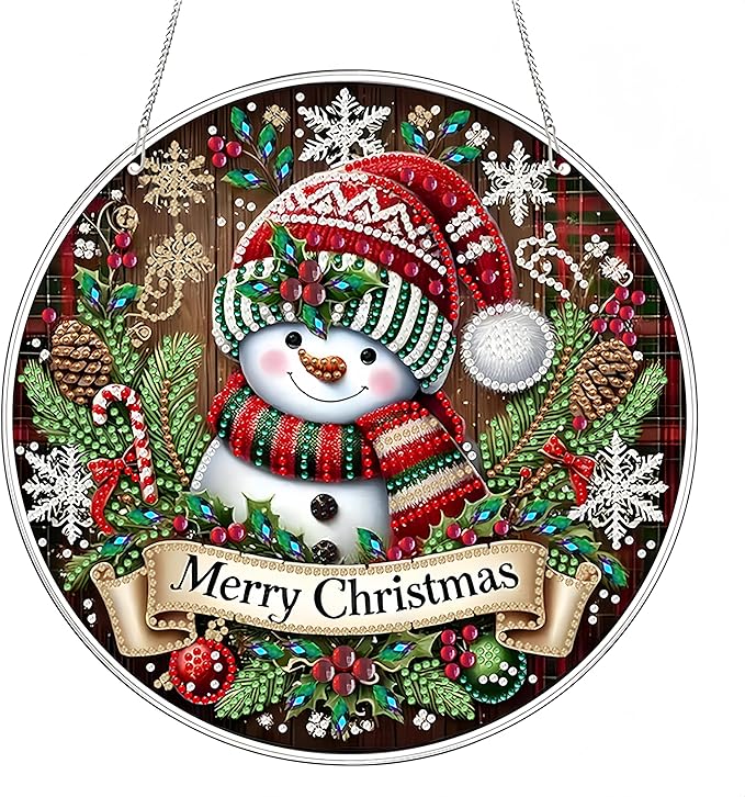 DIY Christmas Wreath Hanging Diamond Art Painting Kits for Adults, Special Shape Snowman Double Sided Acrylic Rhinestone Painting, Window Wall Hanging Ornament Pendants for Home Garden Decor (Snowman)