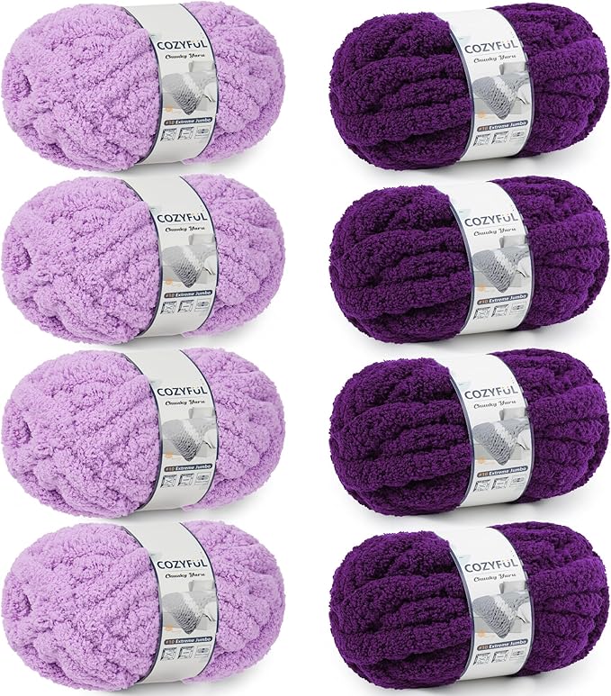 Chunky Yarn for Hand Knitting - #10 Chunky Chenille Yarn, Jumbo Big Thick Chunky Yarns for Crocheting, Super Bulky Chunky Knit Blanket Yarns, 8 Skein (25yd, 8oz/Skein), Multi Purple