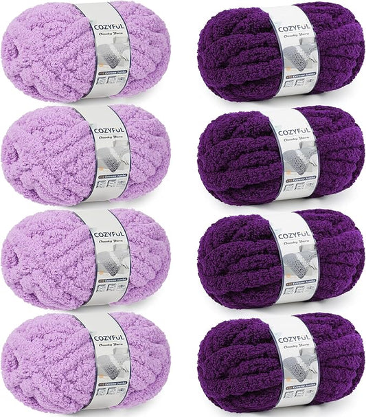 Chunky Yarn for Hand Knitting - #10 Chunky Chenille Yarn, Jumbo Big Thick Chunky Yarns for Crocheting, Super Bulky Chunky Knit Blanket Yarns, 8 Skein (25yd, 8oz/Skein), Multi Purple