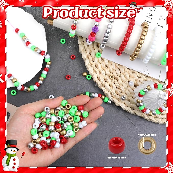 Pony Beads 1000 Pcs Plastic Beads for Bracelet Friendship Bracelets Beads for Hair Braiding 6x9mm Beads for Jewelry Making (Green Red White Glod Silvery)