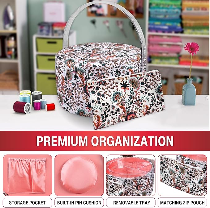 SINGER Premium Round Large Sewing Basket with Matching Zipper Pouch | 30% More Storage Volume (Floral Paisley Print)