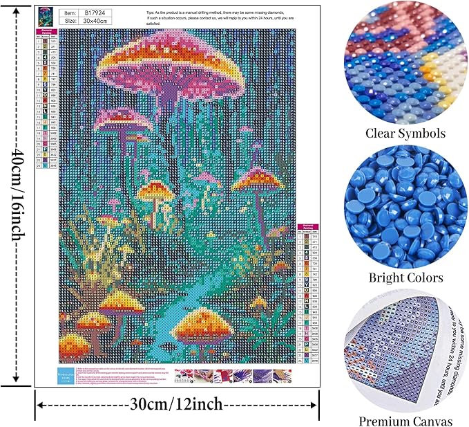 Mushroom Diamond Art Kits for Adults, Forest Diamond Painting Kit for Adults Beginners, 5D DIY Diamond Painting with Round Gem Art Kits for Home Wall Decor 12x16 Inch