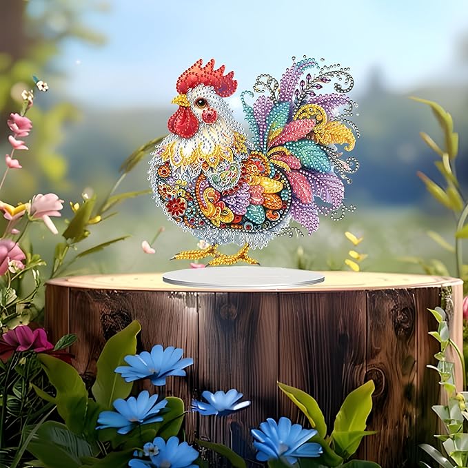 JJFox DIY Tabletop Diamond Art Painting Kit，Special Shaped Rhinestone Desk Placement Ornament，Home Stand Up Gem Painting Craft Kit，Gift，Double Sided. (Rooster-1)