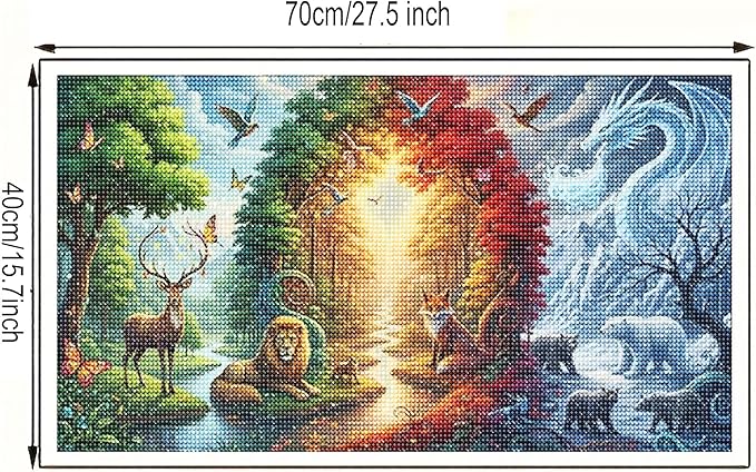 KUFWKEY Four Seasons Landscpae Diamond Art Kits for Adults,Wildlife Diamond Painting Kit,Deer Lion Fox Dragon Nature Scene Diamond Mosiac Kits,Gem Art for Home Decor,Large Size 27.5x15.7 Inch