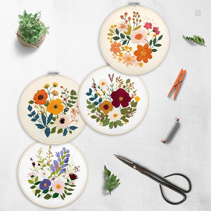 bonroy embroidery kit for beginners with instructions,cross stitch kits for adults with pattern,needlepoint kits for adult include embroidery cloth hoops needles threads (flowers2)