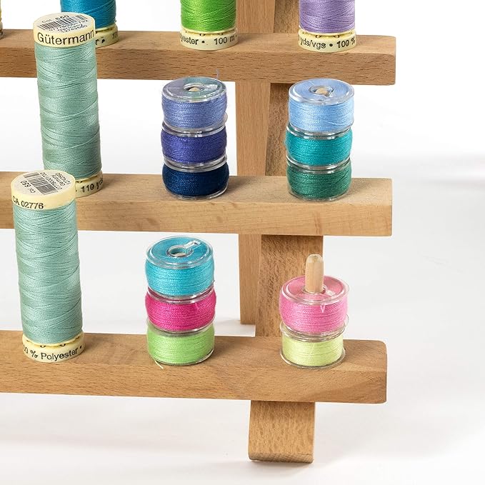 Dritz Wooden Thread Rack – Holds 60 Spools – Wall-Mount or Free-Standing with Pull-Out Legs – Wood Organizer for Sewing, Quilting, & Hair Braiding
