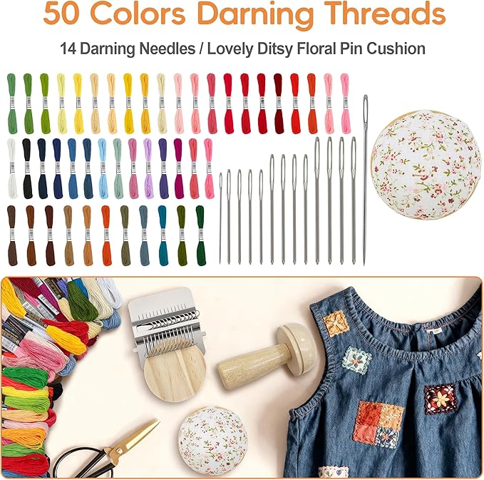 Mini Darning Loom,Mushroom Knit Patch Kit with 14 Hooks Small Weaving Loom 14 Pcs Large Eye Needles 50 Color Threads for Handcraft DIY Weaving Repair Tool Darning Kit for Beginners Mending Jeans Socks