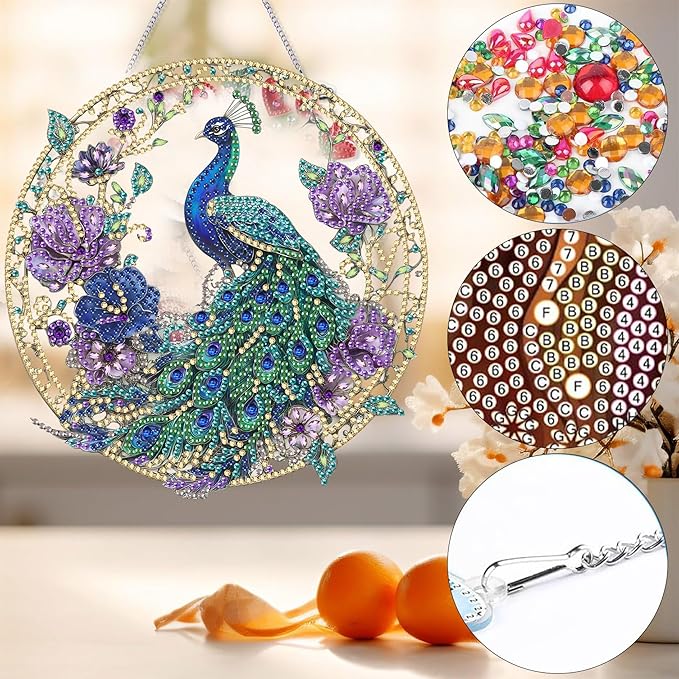 Bimkole Peacock Diamond Art Hanging Kit for Adult, DIY 5D Flower Animals Diamond Art Painting Window Pendant, Acrylic Crystal Art Hanging Ornament for Wall Home Garden Front Door Decor - 7.8x7.8 Inch