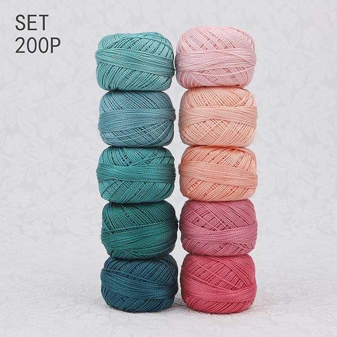 Size 8 Double Mercerized Egyptian Long Staple Cotton Pearl Thread Ball 5 Grams Rainbow Color Embroidery Thread 10 Colors per Box for Crochet Hardanger Cross Stitch Hand Embroidery (Set P)