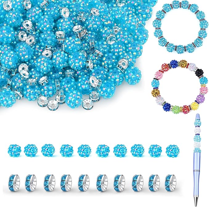 LAIDANLA 250pcs 12mm Blue Rhinestone Beads and 8mm Rondelle Spacer Beads for Beaded Pens, Sparkly Shamballa Disco Baseball Bead for Bracelets Making Necklaces Earring DIY Craft