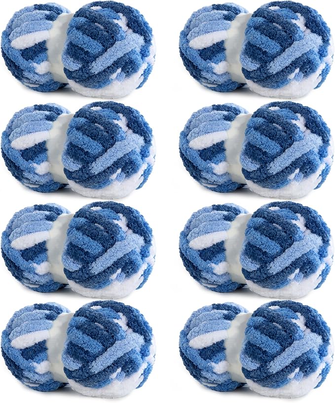 HOMBYS Chunky Tie Dye Mix Chenille Yarn for Hand Knitting, Super Bulky Jumbo Yarn for Crocheting, 3/4" Thick Soft Plush Yarn for Blankets, 8 Skein Pack (26 yds / 7.5 oz Each) Blue, White