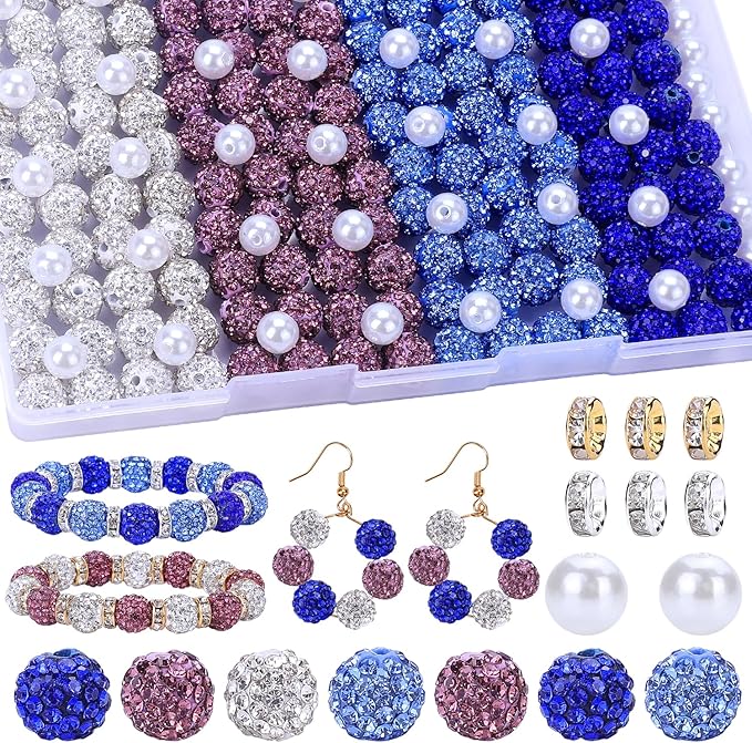 AIPRIDY Jewelry Making Beads Set, 300 PCS 10mm Rhinestone Clay Beads, 8mm Mixed Color Spacer Beads with Pearl and Floral Beads for DIY Jewelry Making (White + Purple + Blue)