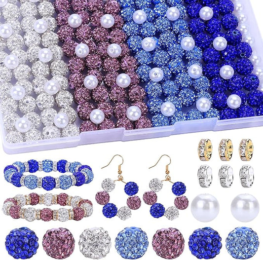 AIPRIDY Jewelry Making Beads Set, 300 PCS 10mm Rhinestone Clay Beads, 8mm Mixed Color Spacer Beads with Pearl and Floral Beads for DIY Jewelry Making (White + Purple + Blue)