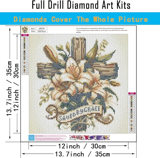5D Cross Diamond Art Kits for Adults Beginners,DIY Full Round Drill Diamond Painting Kits Religious Cross With Lily Flowers, Paint by Diamonds Dot Gem Art Crystal Easy,Home Wall Decor 13.7X13.7Inch