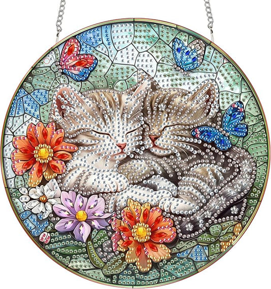 Bimkole Cat Diamond Art Hanging Kit for Adult, DIY 5D Diamond Art Flower Animal Window Pendant, Acrylic Crystal Art Hanging Ornament Home Wall Garden Front Door Sign Outdoor Decor 7.8x7.8 Inch