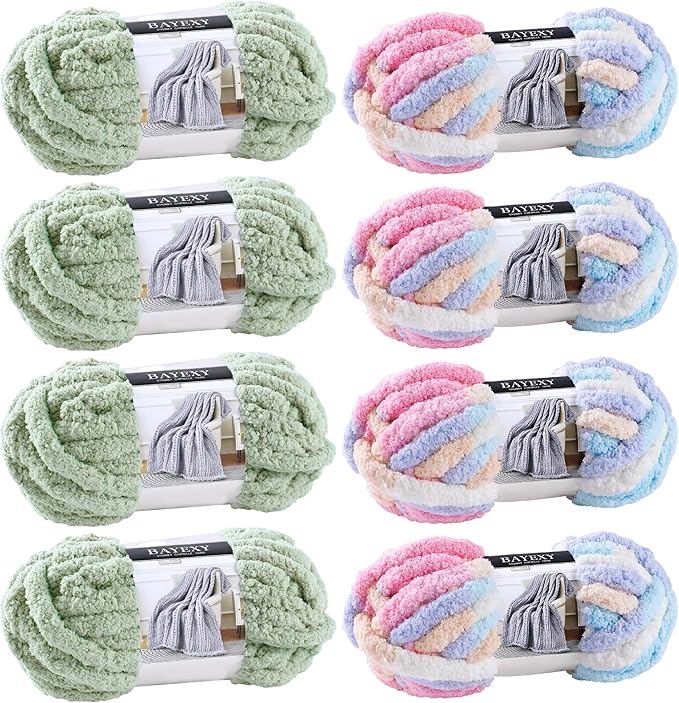 Chunky Chenille Yarn for Hand Knitting 8 Jumbo Pack Jumbo Chunky Yarn for Hand Soft Blanket Knitting, Bulky Thick Fluffy Yarn for Crocheting (Sage Green+Marshmallow Color)
