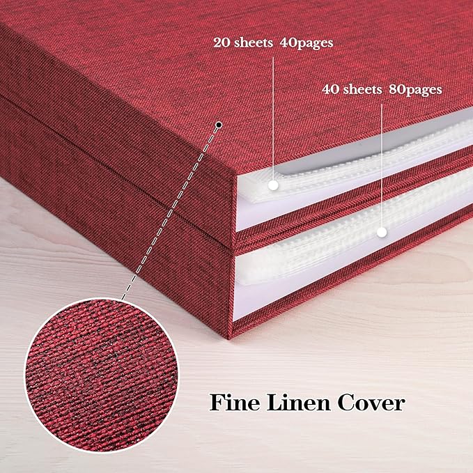 Mublalbum 12x12 Inch DIY Scrapbook Photo Album with 40 Plastic Sleeves 80 Pages Linen Cover 3 Ring Folder Binder for Wedding Baby Family and DIY Projects (Red)