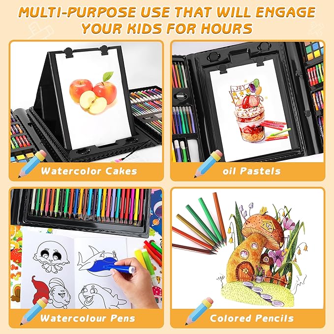 Art Supplies 332 Piece Drawing Art Kit Gifts for Girls Boys Kids Teens Gifts Art Set Case with Double Sided Trifold Easel, Stickers, Sketch Paper, Coloring Book, Pastels, Crayons, Pencils (Black)