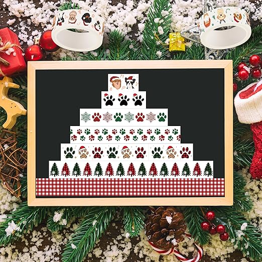 Christmas Dog Washi Tape - 12 Roll Christmas Hat and Dog Paw Pack Double Sided Scrapbook Masking Washi Tape School Office Scrapbooking Scrapbook Supplies Adhesive Glue Diy Craft Gift Wrapping