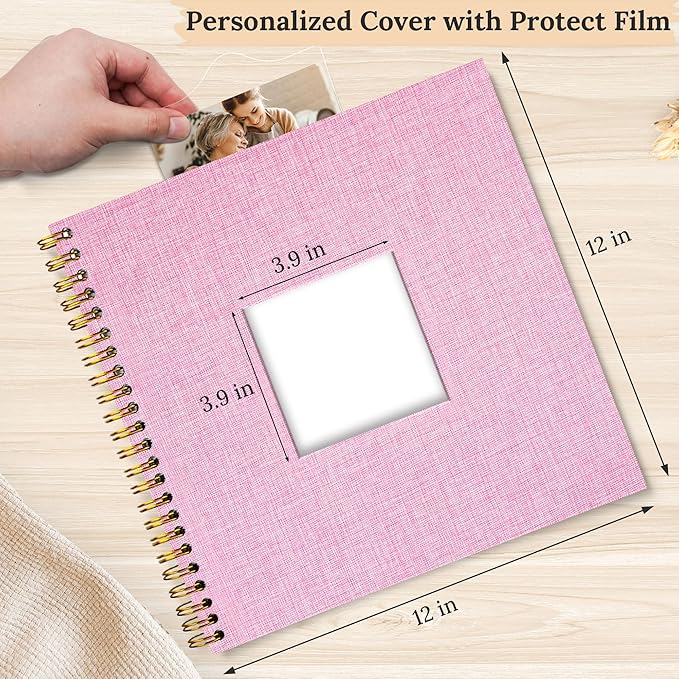Scrapbook Photo Album Linen Cover, 12 x 12 Inch Hardcover Kraft White Pages Memory Book, for Travel Wedding Guest Book Christmas Baby Shower (40 Sheets/ 80 Pages,Pink)