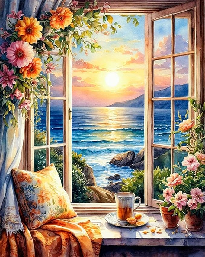 Paint by Numbers Kit for Adults Beginner Window Landscape, Adult Paint by Number Kits on Canvas, Seascape DIY Acrylic Oil Painting by Numbers for Adults, Perfect for Home Wall Decor 16X20 Inch