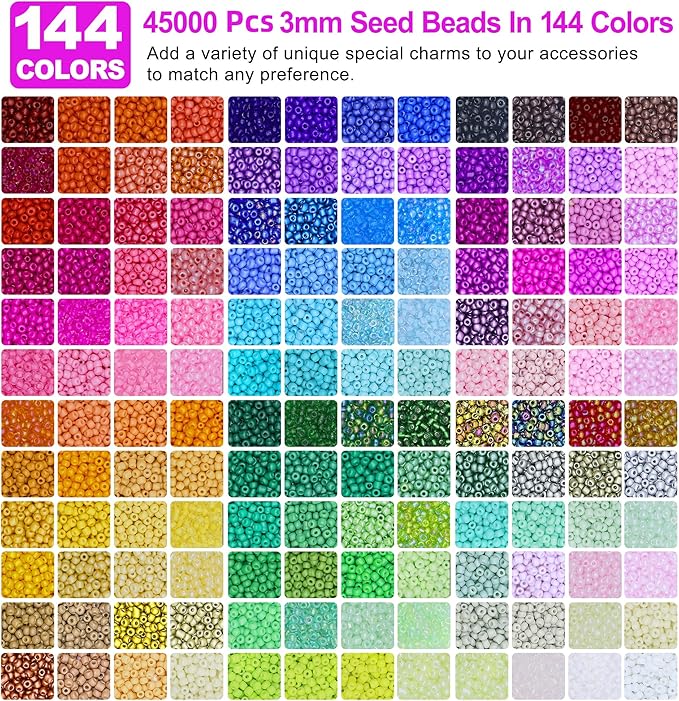 Redtwo 3mm 45000pcs Glass Seed Beads Kit, 7 Boxes 144 Colors Small Beads for Bracelets, Friendship Bracelet Kit with Charms and Letters