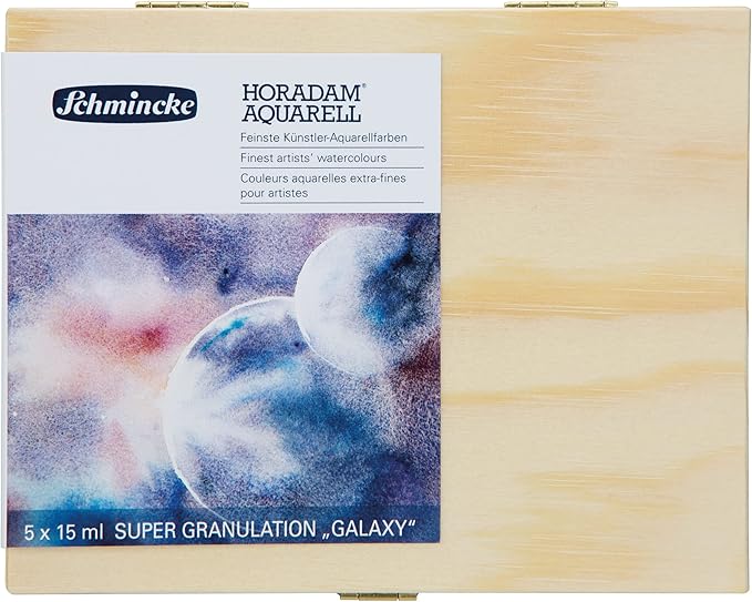 Schmincke - HORADAM® AQUARELL, Super- Granulation Set Galaxy, 5 x 15 ml tubes, 74 842 097, wooden box, very strong granulating colors, finest, supergranulating watercolors