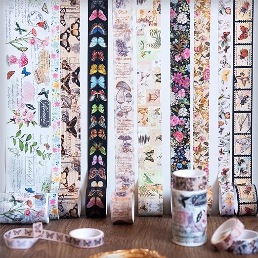 YUBX Butterfly Washi Tape Set 18 Rolls Vintage Gold Foil Masking Wide Retro Decorative Tapes for Arts, DIY Crafts, Journals, Planners, Scrapbook, Wrapping