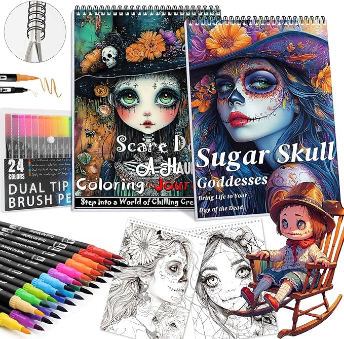Adult Coloring Book for Women Relaxation, Spiral Bound Mindfulness Coloring Book with 24 Colors Markers for Adult, Anxiety Relief Gifts with 48 Pictures (Scare Doll & Sugar Skull)