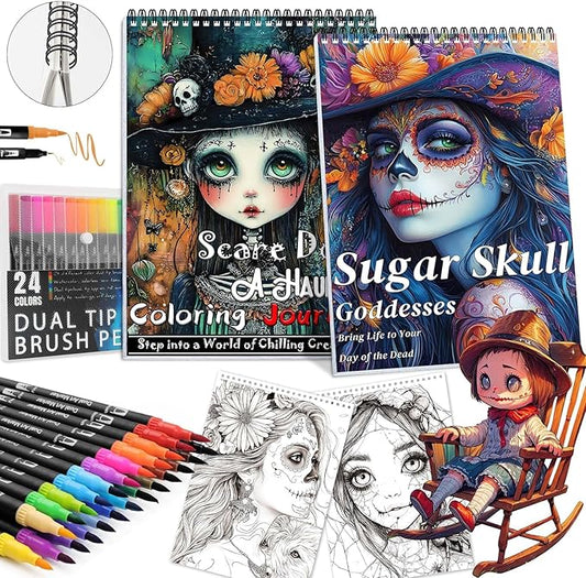Adult Coloring Book for Women Relaxation, Spiral Bound Mindfulness Coloring Book with 24 Colors Markers for Adult, Anxiety Relief Gifts with 48 Pictures (Scare Doll & Sugar Skull)