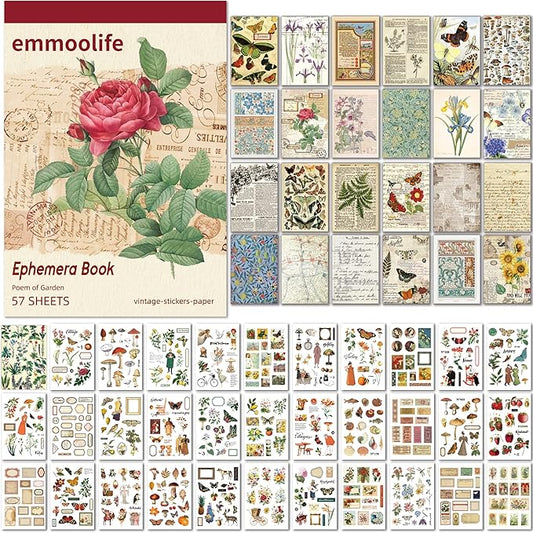 emmoolife Vintage Washi Sticker for Scrapbooking, Ephemera Sticker Book for Journaling with 512 Botanical Stickers & 25 Scrapbook Papers, Ephemera for Junk Journal, Journaling Supplies for Crafts