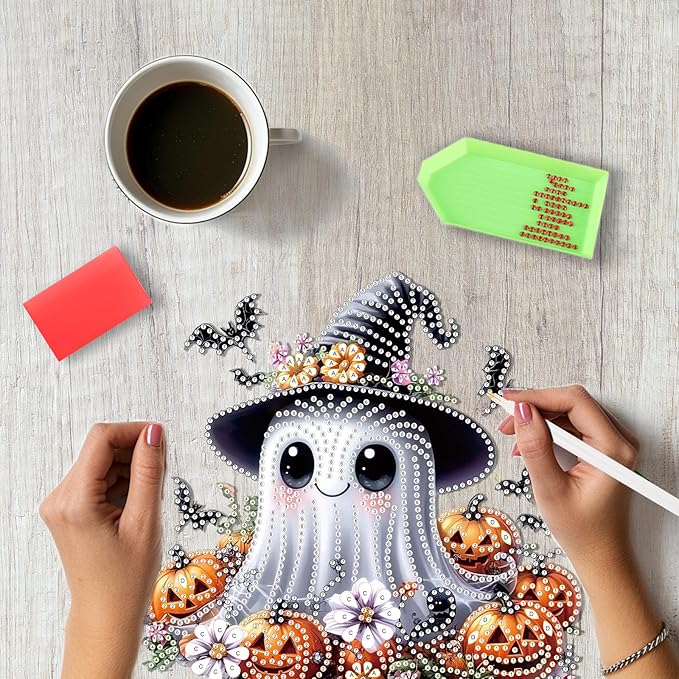 SENQAO Ghost Diamond Art Hanging Kits for Adults Kids, Acrylic Diamonds Painting Pendant Board Kits Halloween, Diamond Art Painting Window Pendants Home Garden Wall Hanging Kits Hanging Ornament