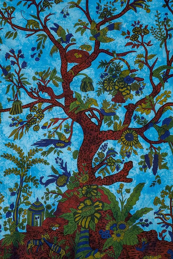 the art box tapestry turquoise tree of life wall hanging – indian cotton full size bedspread, picnic sheet, wall decor, blanket, wall art for bedroom (full, 85x90 inch)