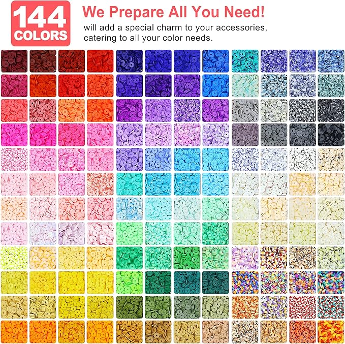 Redtwo 23000Pcs Clay Beads Friendship Bracelet Making Kit, 7 Boxes 144 Colors Flat Polymer Heishi Beads Set for Friendship Jewelry Making Kit with Pendant Charms, Crafts Gifts for Girls Ages 6-12 Kids