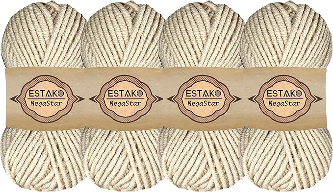 Estako Megastar, (4 Skeins Pack) 75% Acrylic 25% Wool Yarn, Soft, Chunky Bulky Weight #5 for Crochet and Knitting (4 x 3.52 Oz) / (4 x 120 Yrds) (67011 - Stone)