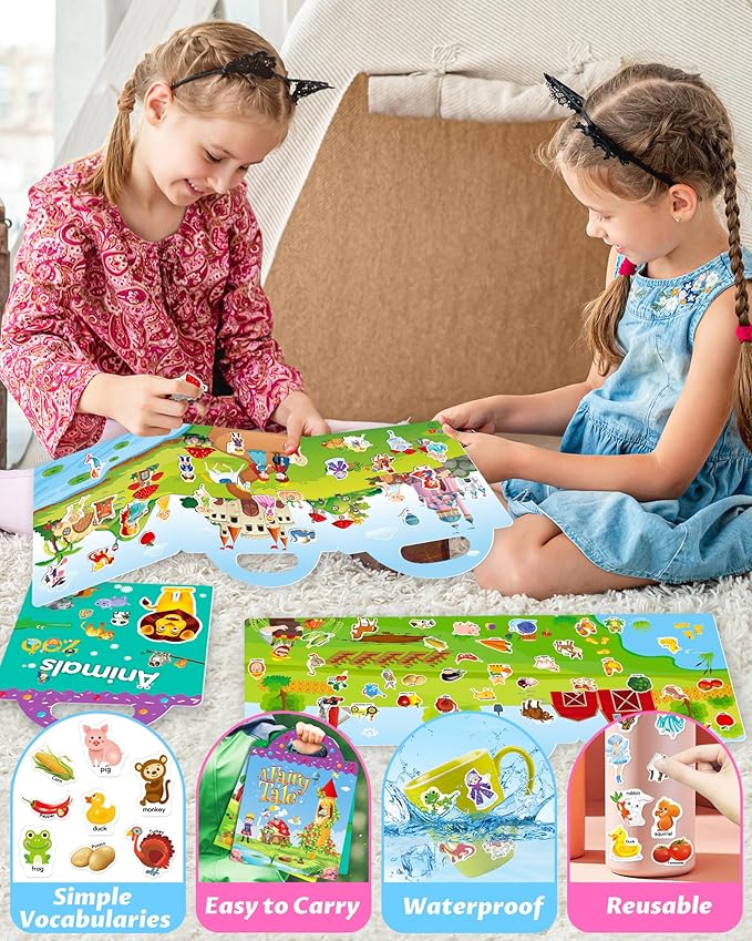 walenced reusable sticker book for toddlers, stickers for kids, toddler sticker book, toddler craft activities, toddler travel toys ages 3 and up boy girl birthday gifts