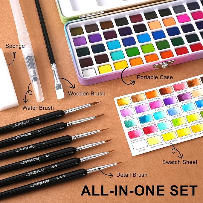 Watercolor Paint Set, 50 Colors with Brushes & Metal Case, Non-Toxic Art Supplies for Beginners & Students, Portable Travel Watercolor Kit, Ideal for Gifting