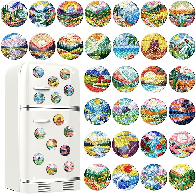 30 Pcs Magnetic Diamond Art Painting Landscape Magnets Fridge Diamond Art Painting Kits Sticker Magnet DIY Craft for Adult Beginner Souvenir Gift Office Home Decor